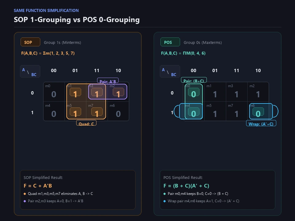 Side-by-side Karnaugh Maps showing SOP quad and pair grouping versus POS vertical and wrap-around zero grouping for the same Boolean function